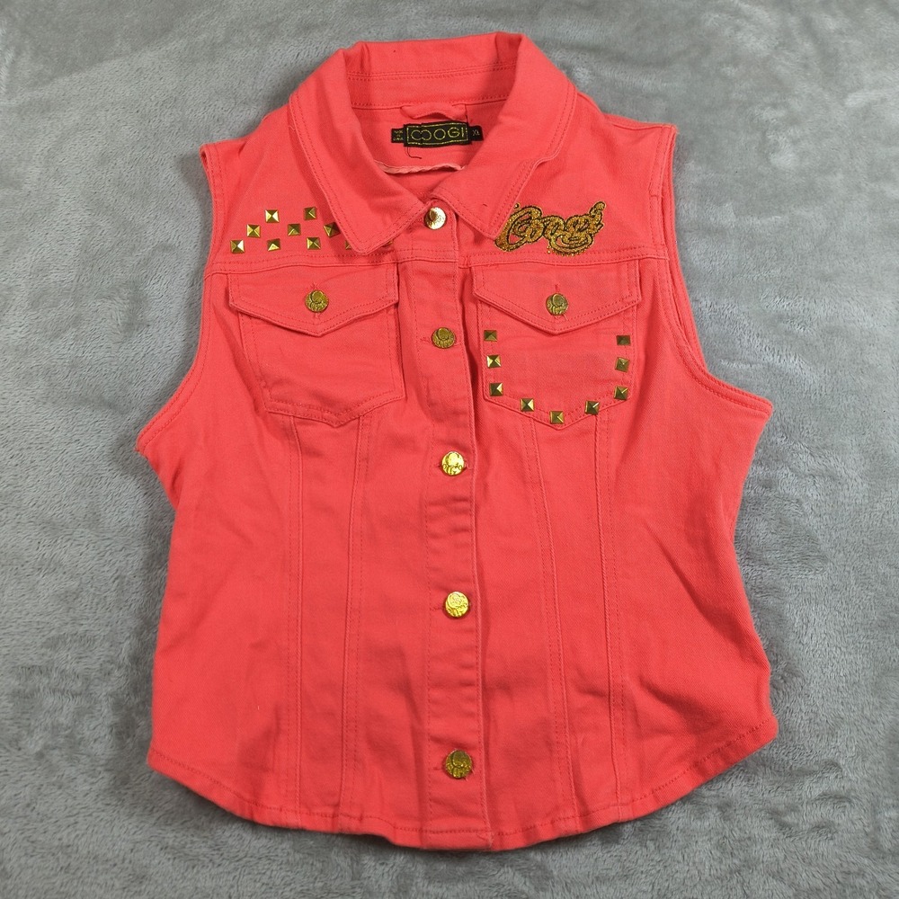 Vintage Coogie Denim Vest Womens XL Pink Coral Studded Jacket Embroidered Y2K